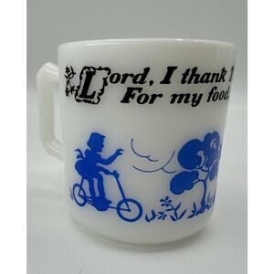 Vintage Hazel Atlas Milk Glass Child's 3" Cup Prayer Mug Lord I Thank Thee 1950s